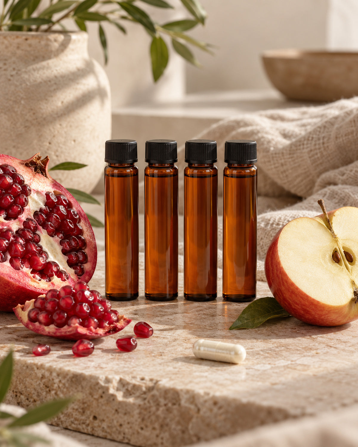 Trinkampullen in einer Reihe, davor ein aufgebrochener Granatapfel und ein halbierter Apfel.