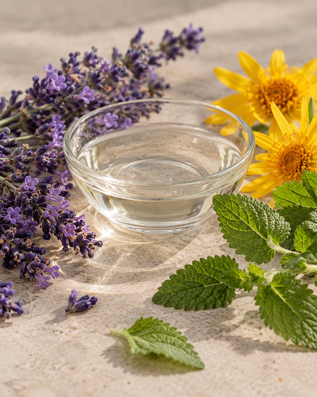 Lavendel, Arnikablüten und Melisse um eine Glasschale mit klarer Flüssigkeit.