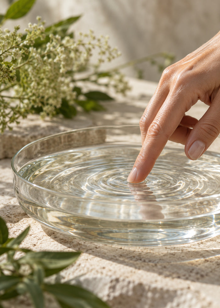 Klare Flüssigkeit in einer flachen Glasschale, ein Finger berührt die Oberfläche.