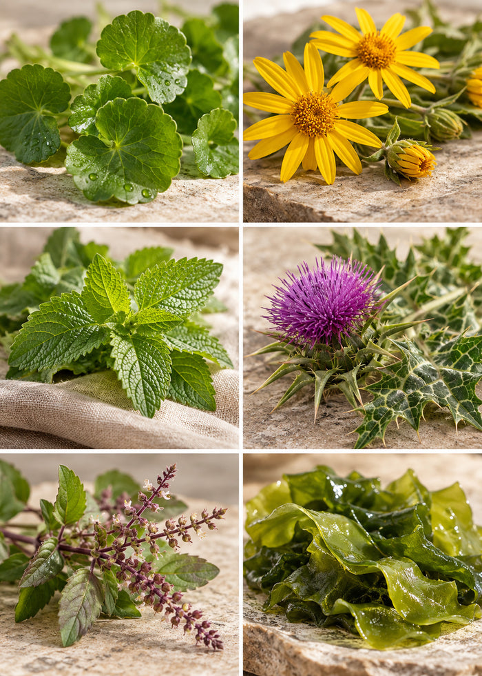 Sechs Pflanzen in sechs Feldern nebeneinander: Tigergras, Arnika, Melisse, Mariendistel, Tulsi und Grünalge.