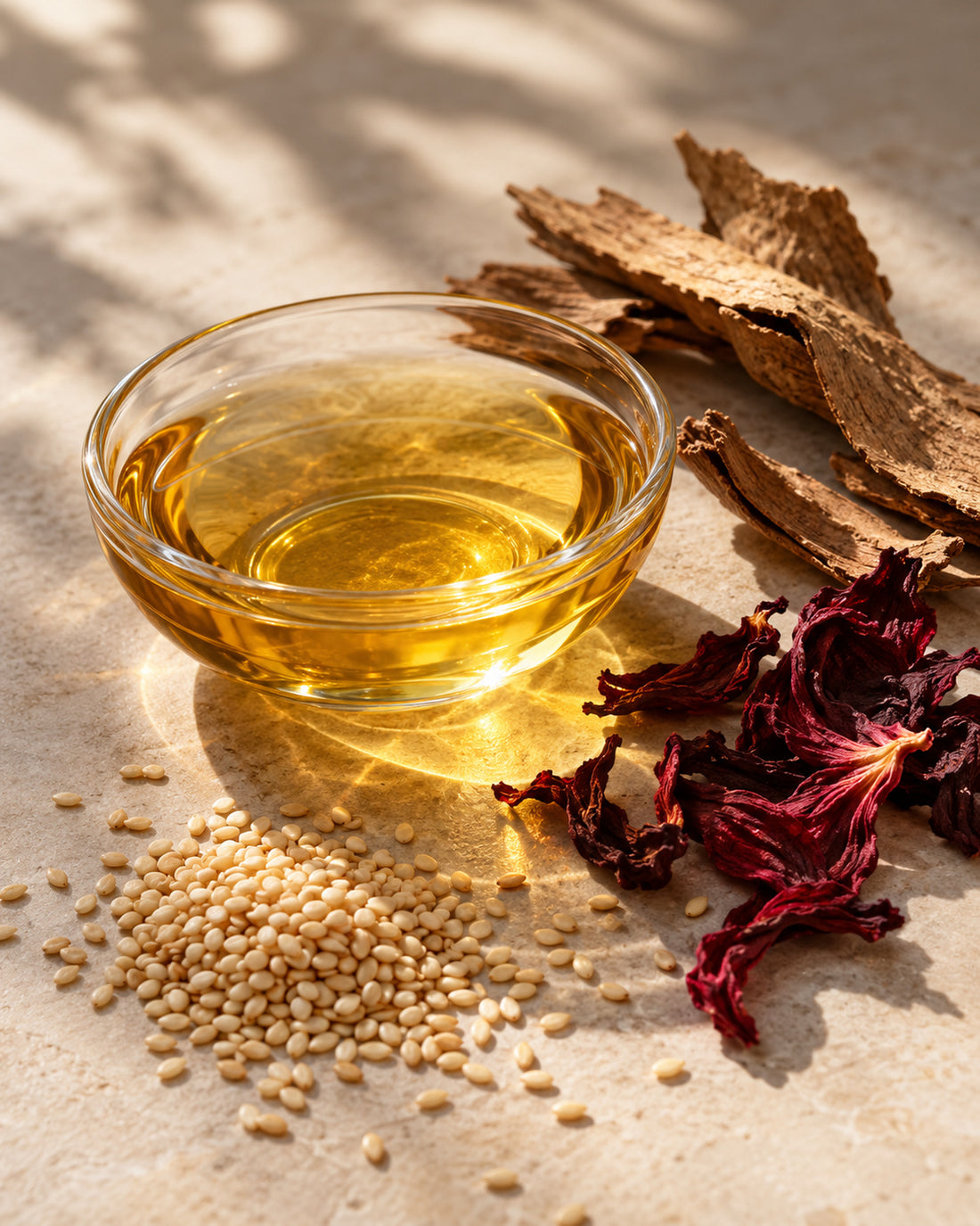 Goldenes Öl in einer Glasschale im Gegenlicht, daneben Magnolienrinde, Hibiskusblüten und Sesam.