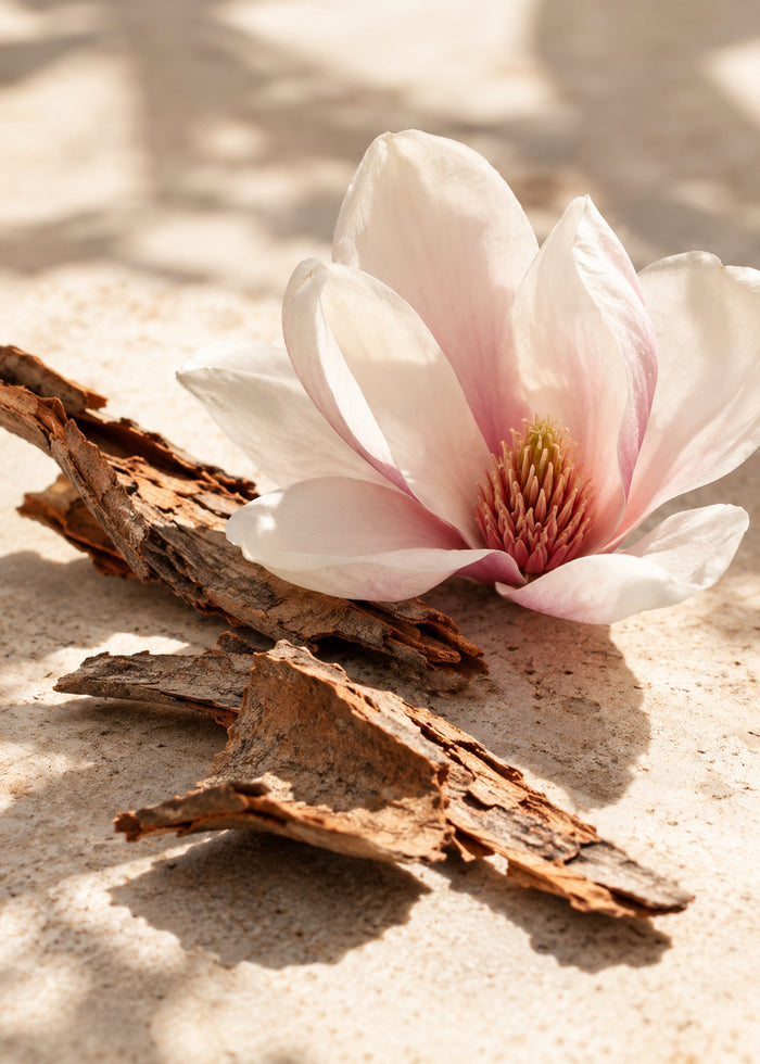 Stücke Magnolienrinde und eine Magnolienblüte.