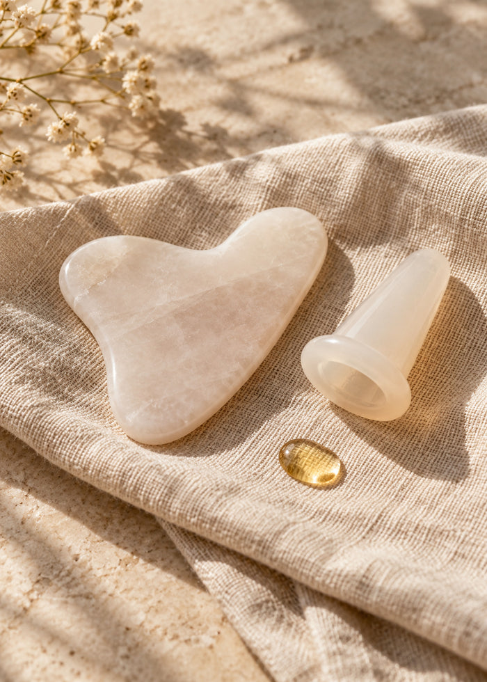Ein Gua-Sha-Stein und ein Massage-Cup liegen auf einem Tuch, daneben ein Öltropfen.