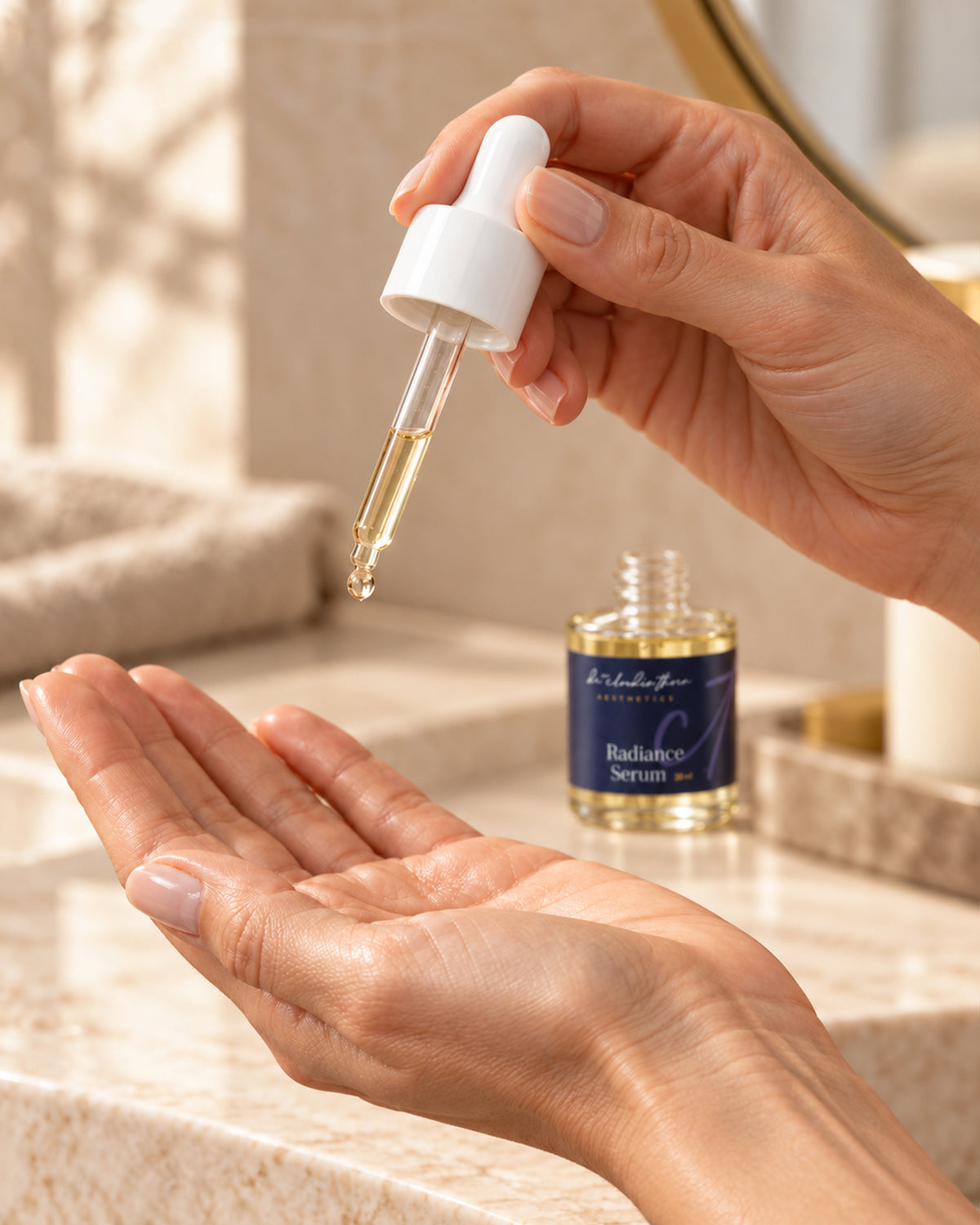 Tropfen Serum fallen aus der Pipette in eine offene Handfläche.