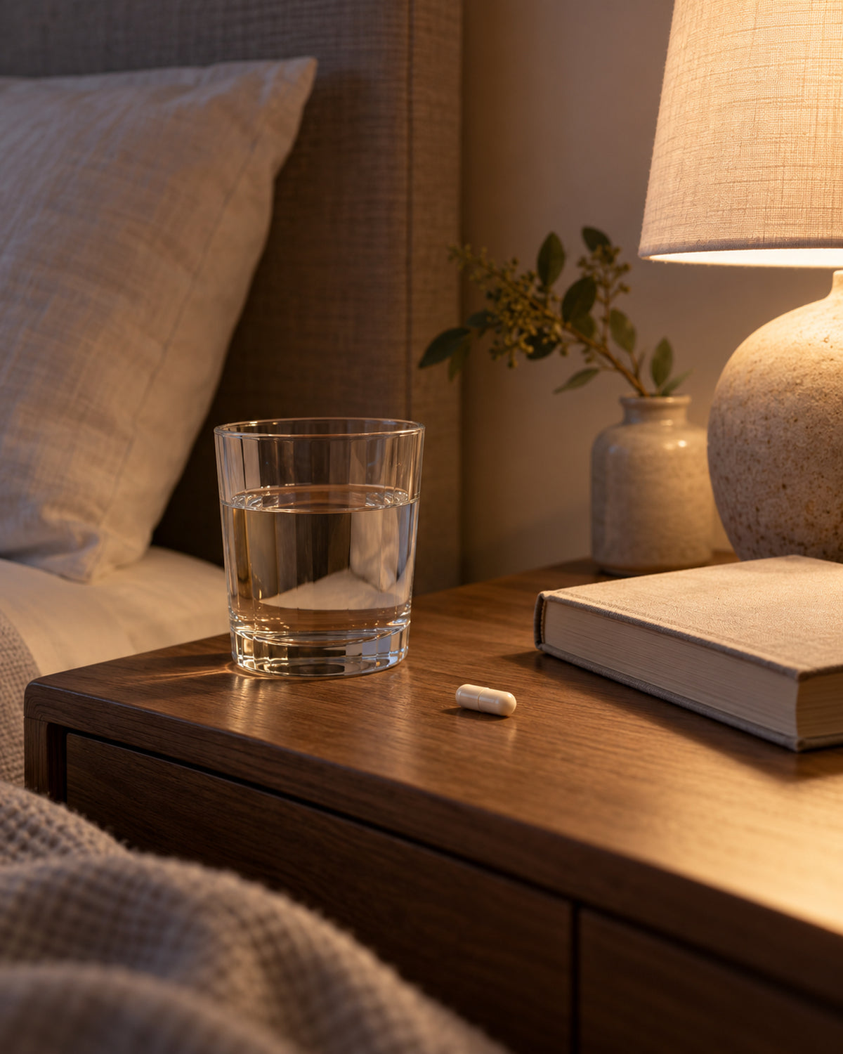 Ein Nachttisch bei gedimmtem Licht: ein Glas Wasser, eine einzelne Kapsel, ein Buch, die Lampe brennt.