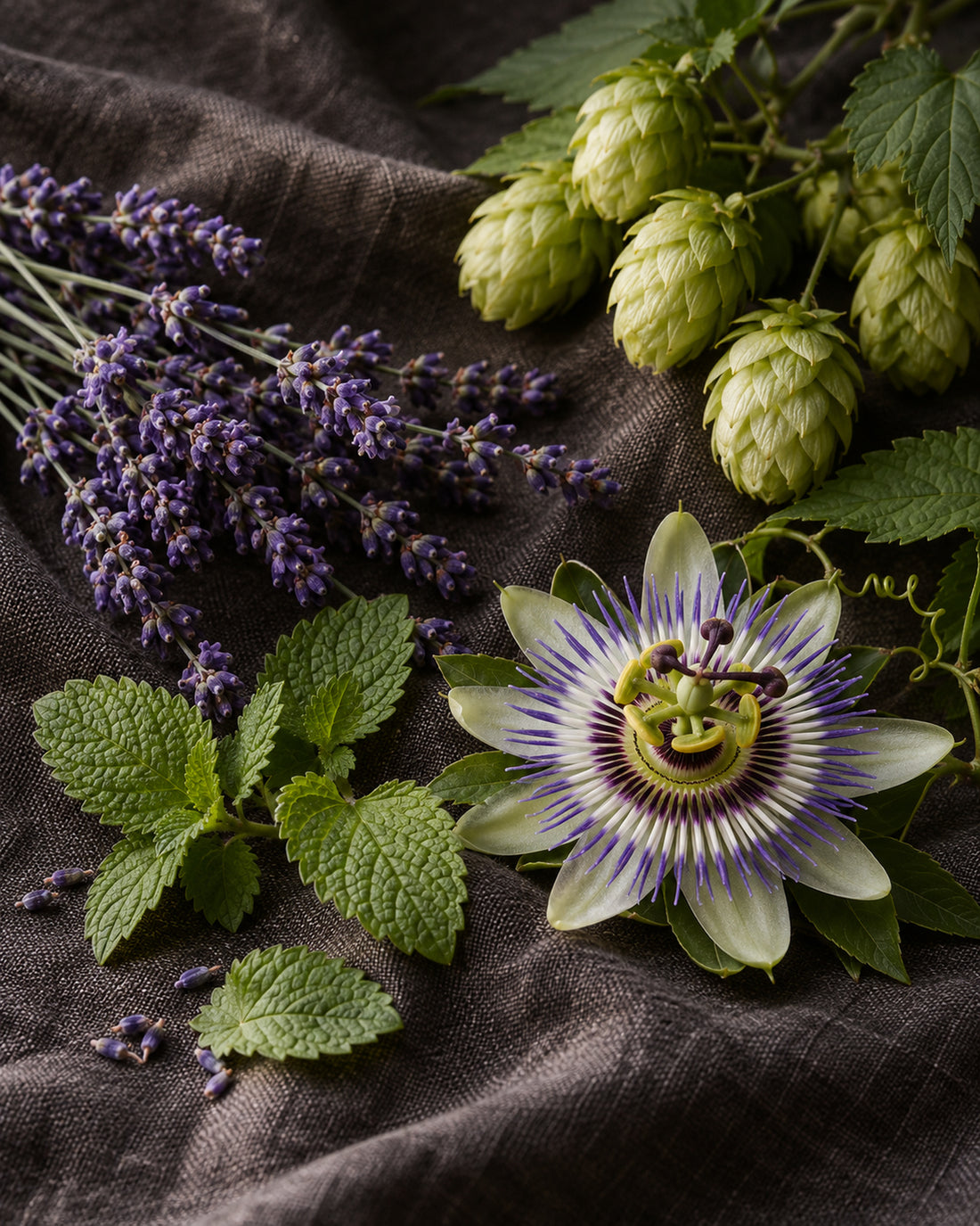 Lavendelblüten, Melissenblätter, Hopfendolden und eine Passionsblume auf dunklem Leinen.