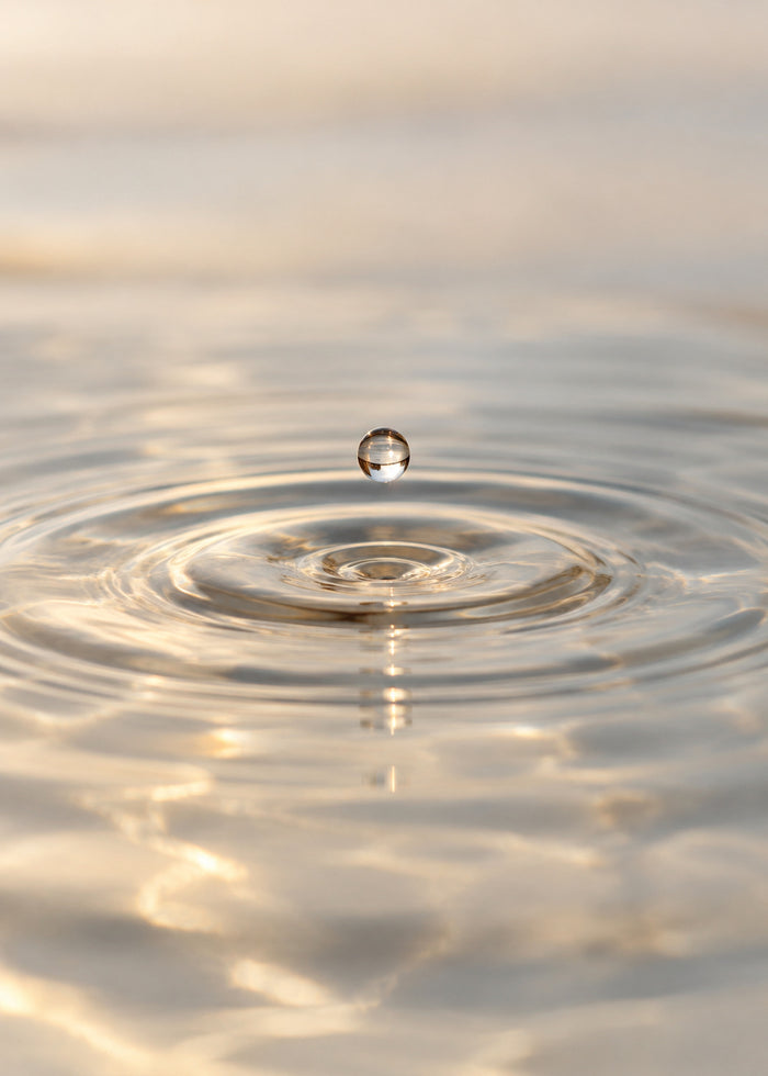 Ein Tropfen fällt auf eine ruhige Wasseroberfläche, ein einzelner Wellenring.
