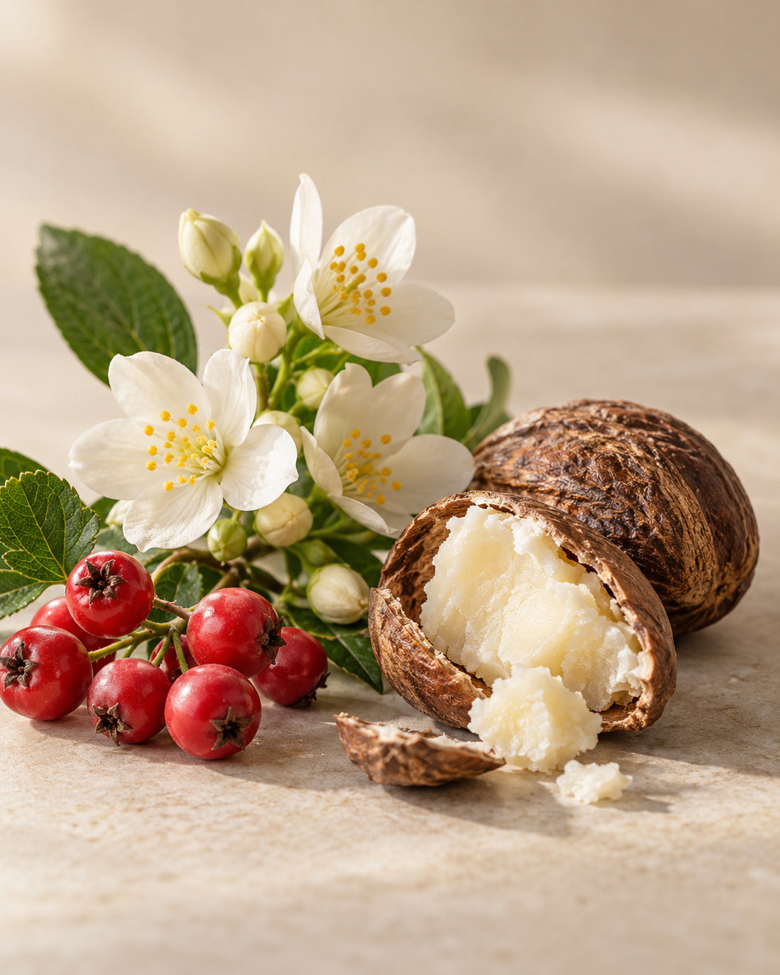 Jasminblüten, Weißdornbeeren und eine aufgebrochene Sheanuss.