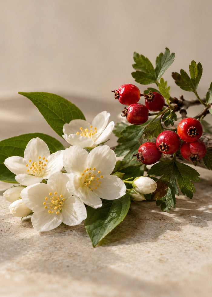 Weiße Jasminblüten und ein Weißdornzweig mit roten Beeren.