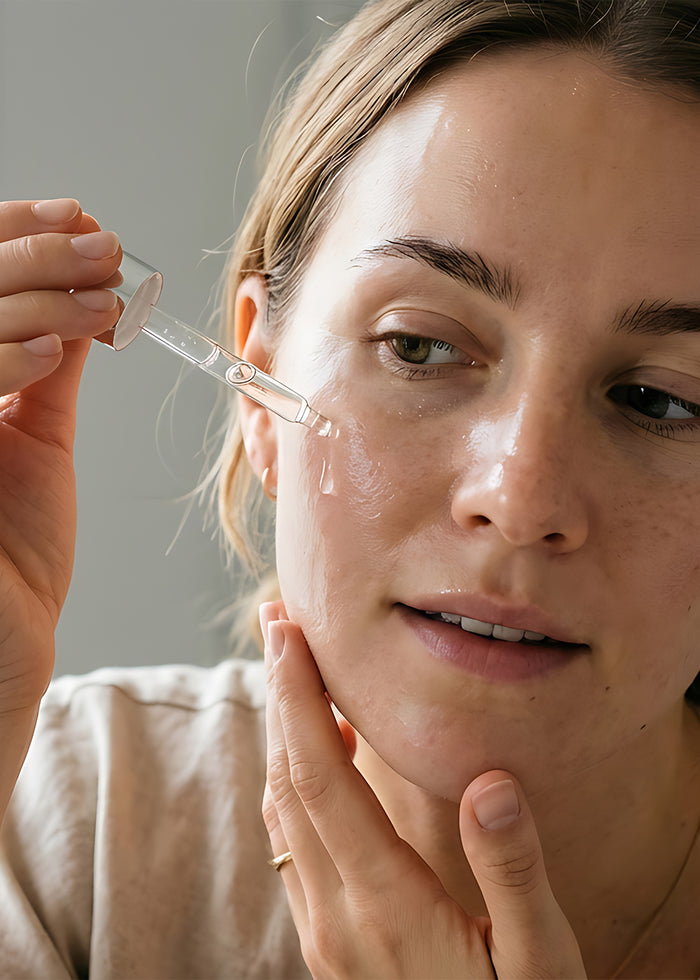 Eine Frau gibt sich mit einer Pipette Tropfen auf die Wange.