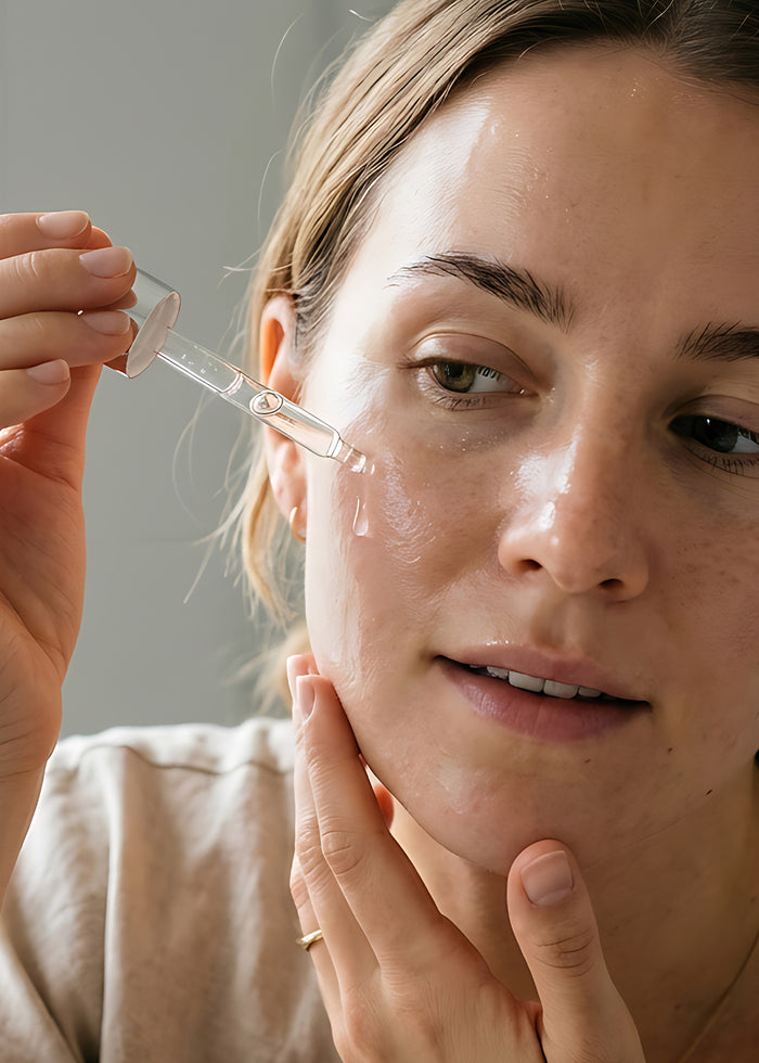 Eine Frau gibt sich mit einer Pipette Tropfen auf die Wange.