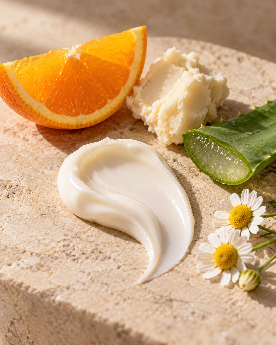 Ein Schwung Creme auf Stein, daneben Orange, Sheabutter, ein Aloe-Vera-Blatt und Kamillenblüten.