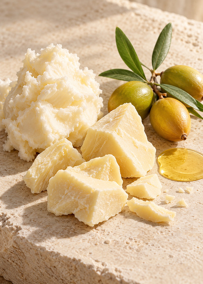 Sheabutter, Kakaobutter und Arganfrüchte mit einem Tropfen goldenem Öl.